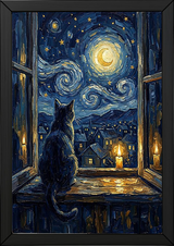 Cat at Candlelit Window Print — Van Gogh Starry Night Village Wall Art