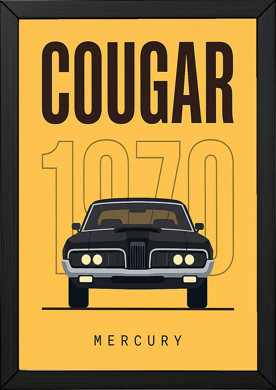 Mercury Cougar 1970 Minimalist Poster — Golden Yellow Muscle Car Line Art