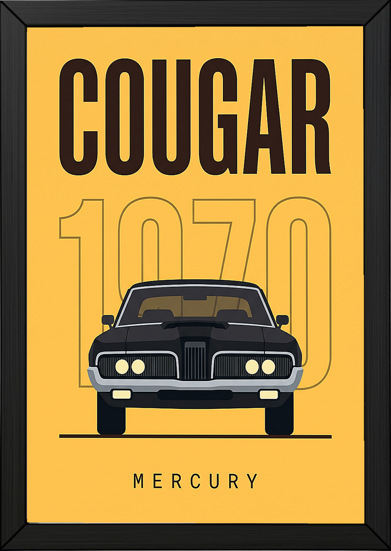 Mercury Cougar 1970 Minimalist Poster — Golden Yellow Muscle Car Line Art