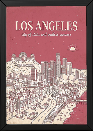 Los Angeles Line Art Print — Pink Hollywood Sign Downtown Skyline Wall Art