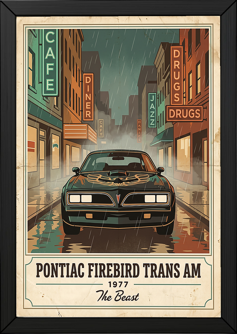Pontiac Firebird Trans Am 1977 Poster — Vintage Muscle Bandit Rainy Noir Street Print