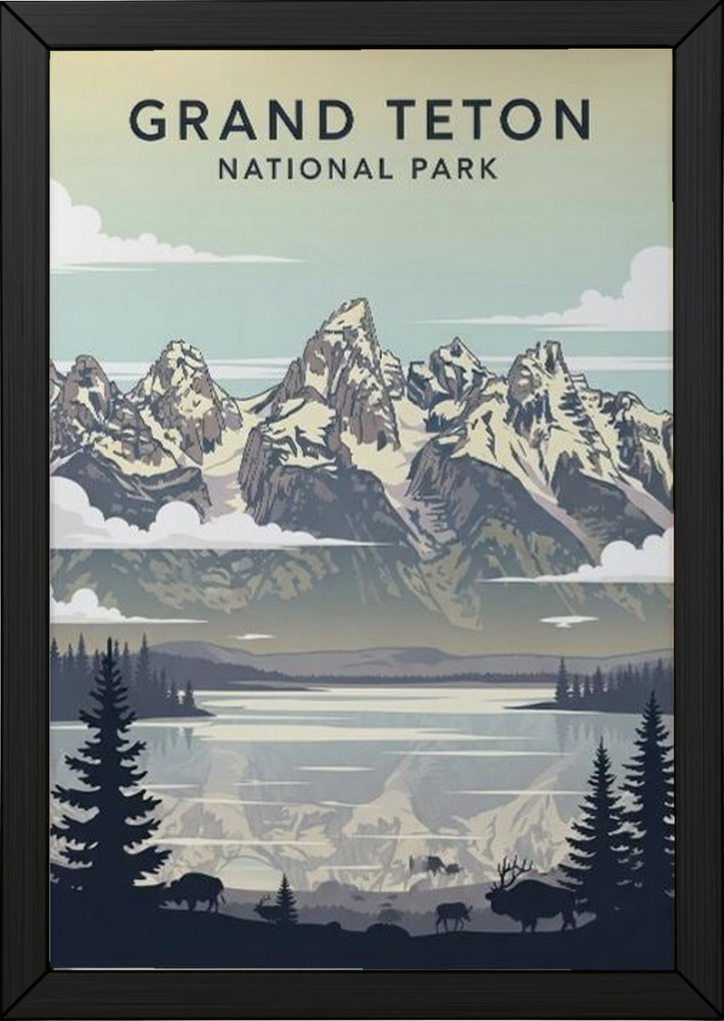 Grand Teton National Park Poster — Vintage Wyoming Bison Jackson Lake Print