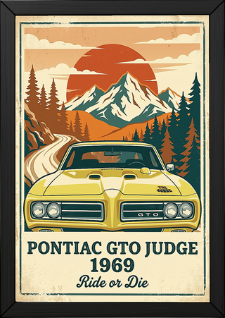 Pontiac GTO Judge 1969 Poster — Vintage Muscle Car Mountain Sunset Print