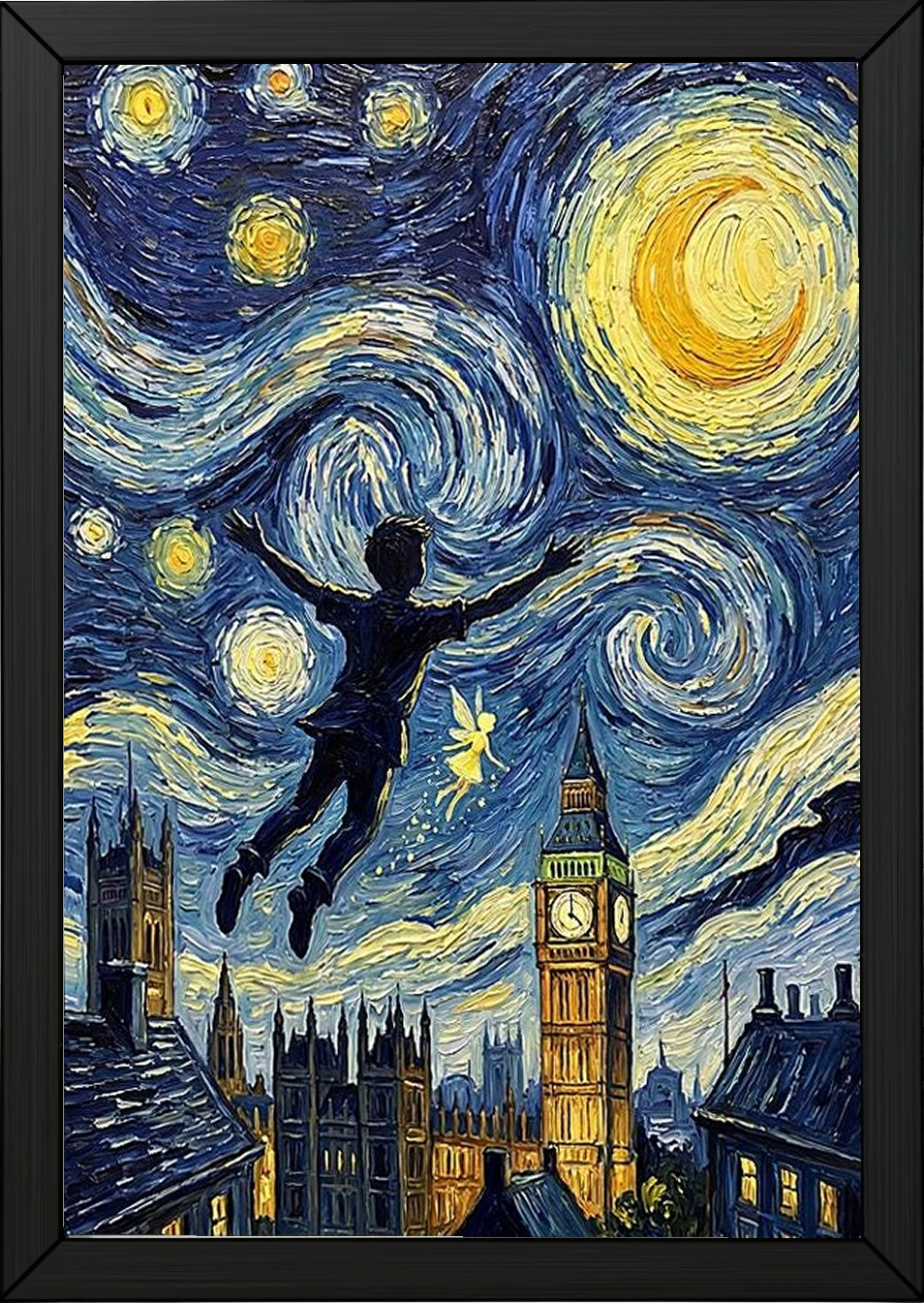 Peter Pan London Starry Night Print — Big Ben Van Gogh-Style Nursery Wall Art