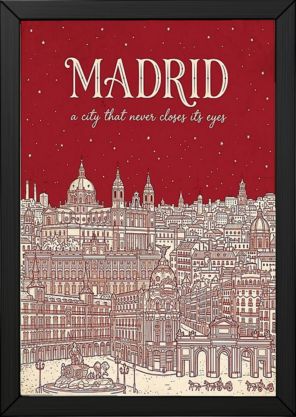 Madrid Line Art Print — Cherry Red Royal Palace Plaza Mayor Skyline Wall Art