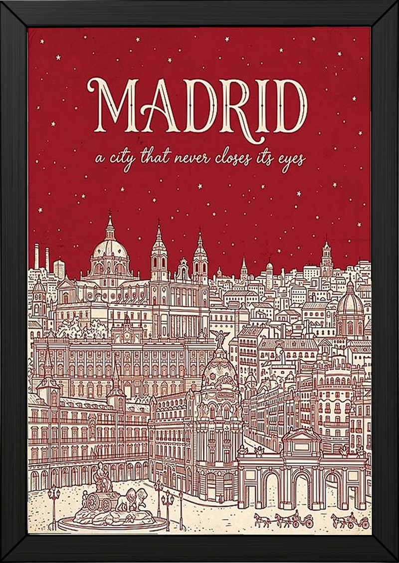Madrid Line Art Print — Cherry Red Royal Palace Plaza Mayor Skyline Wall Art