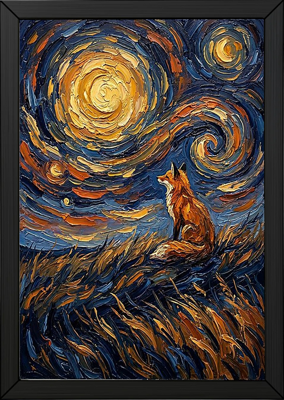 Lone Fox Starry Night Print — Van Gogh-Style Wildlife Hillside Wall Art