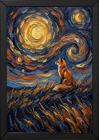Lone Fox Starry Night Print — Van Gogh-Style Wildlife Hillside Wall Art