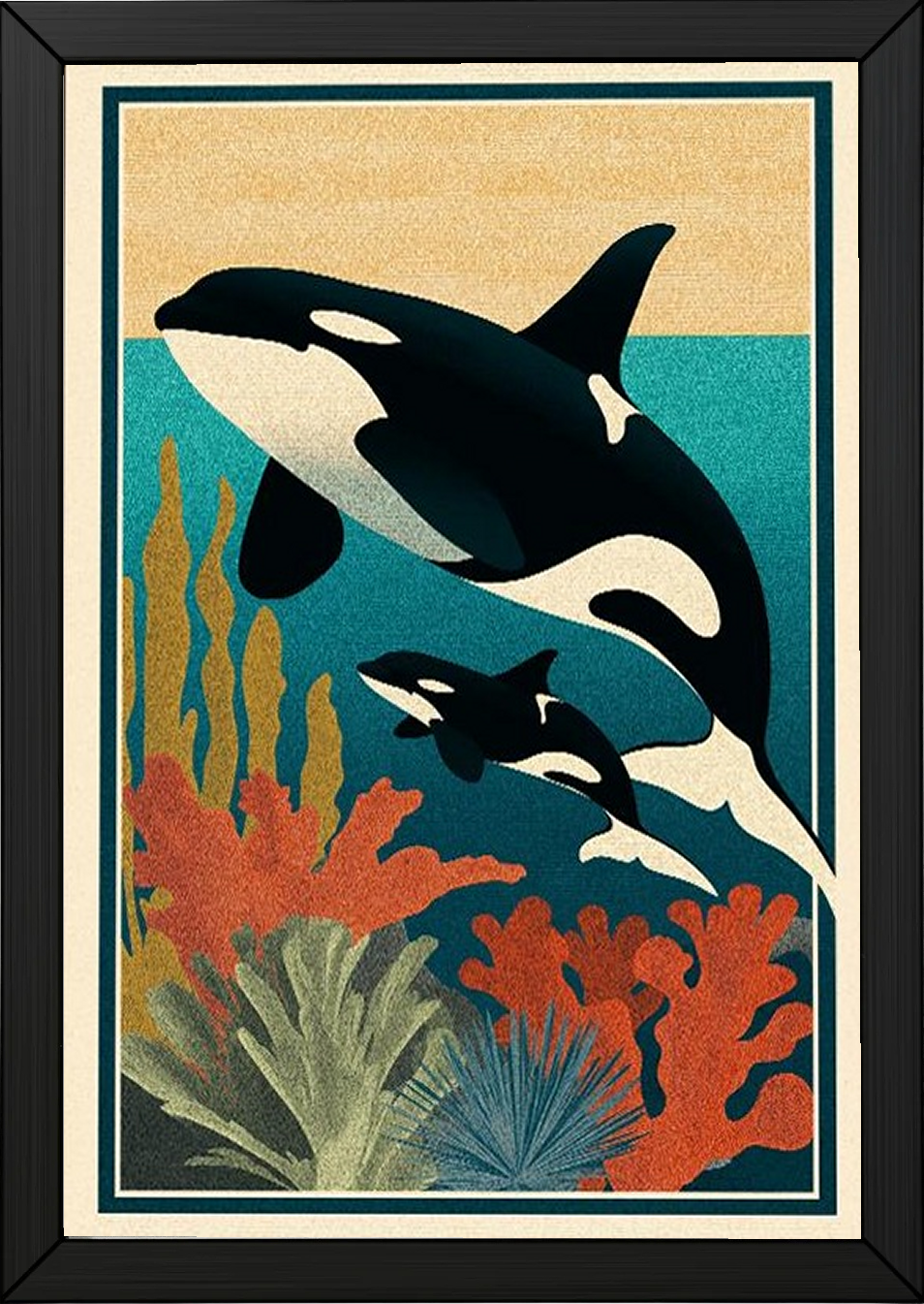 Orca Mother & Calf Ocean Reef Poster - Coastal Wildlife Wall Art