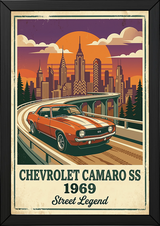 Chevrolet Camaro SS 1969 Poster — Vintage Muscle Car City Skyline Print