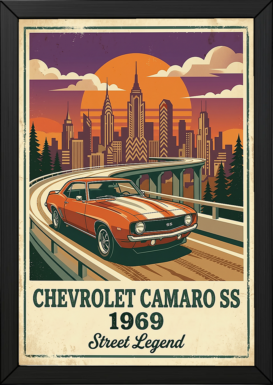 Chevrolet Camaro SS 1969 Poster — Vintage Muscle Car City Skyline Print
