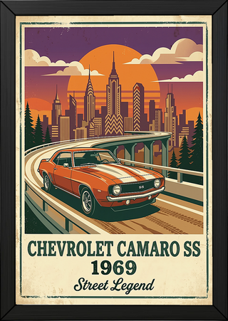 Chevrolet Camaro SS 1969 Poster — Vintage Muscle Car City Skyline Print