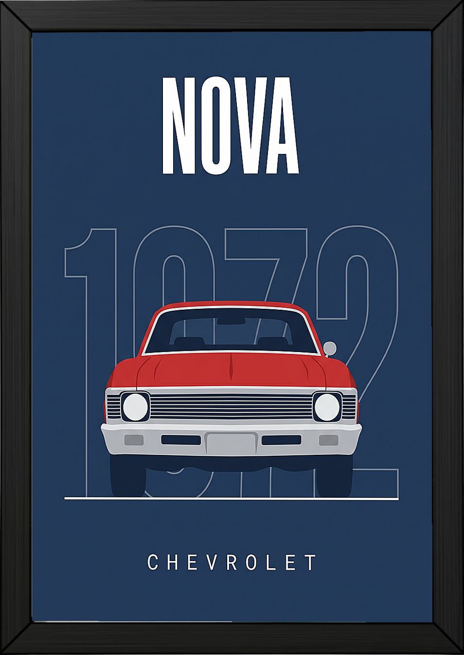 Chevrolet Nova 1972 Minimalist Poster — Red on Navy Compact Muscle Line Art