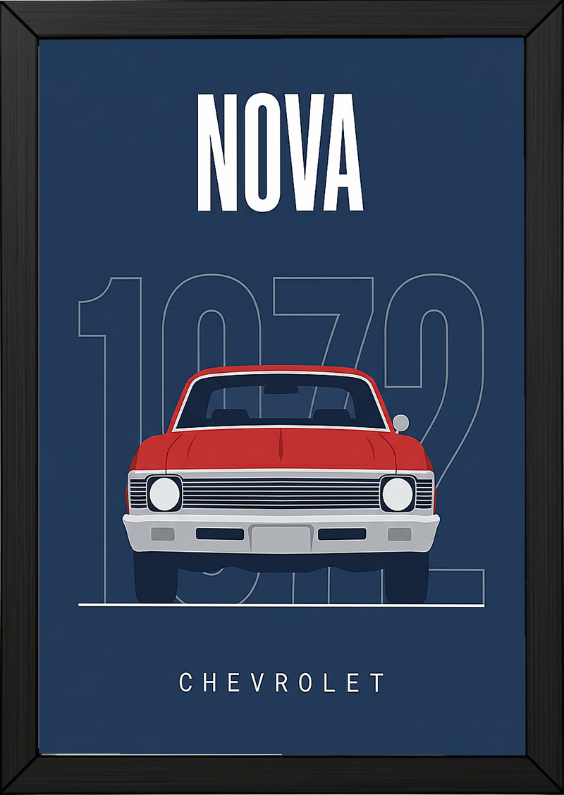 Chevrolet Nova 1972 Minimalist Poster — Red on Navy Compact Muscle Line Art