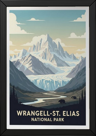Wrangell-St. Elias National Park Poster — Vintage Alaska Glacier Mountain Bear Print