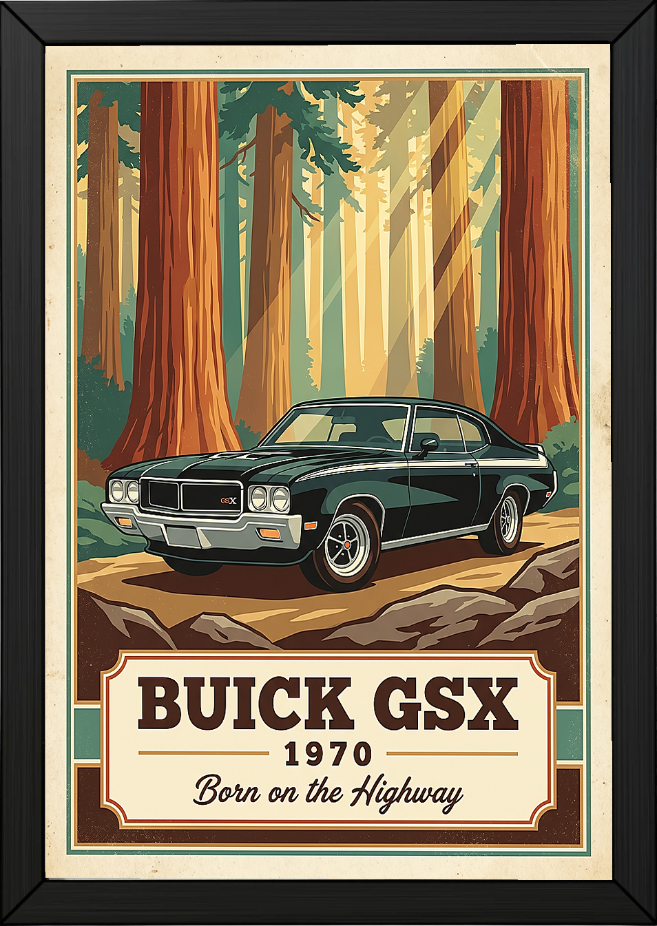 Buick GSX 1970 V2 Poster — Vintage Muscle Redwood Forest Light Beam Print