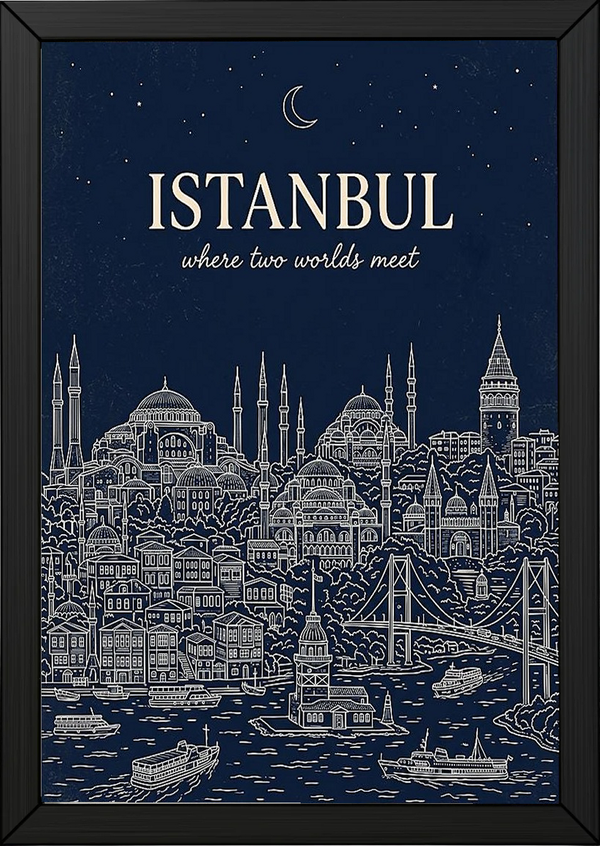 Istanbul Line Art Print — Navy Bosphorus Skyline Hagia Sophia Wall Art