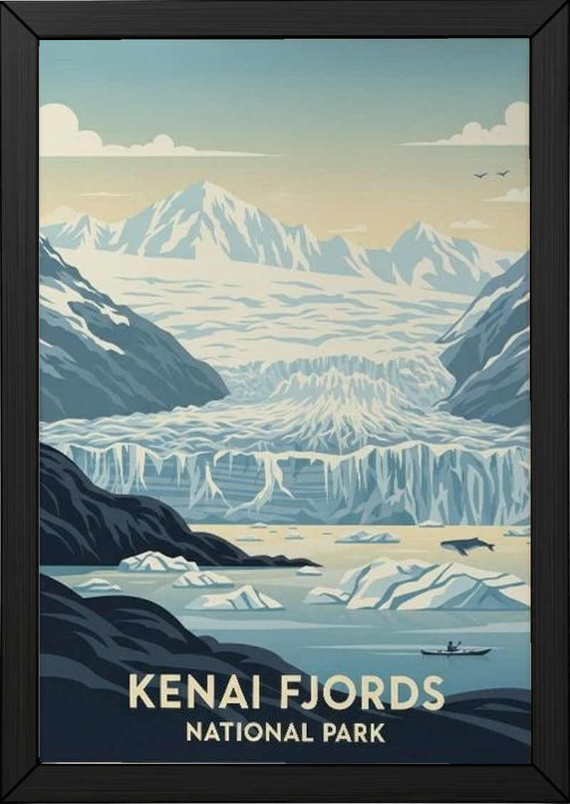 Kenai Fjords National Park Poster — Vintage Alaska Glacier Whale Kayak Print