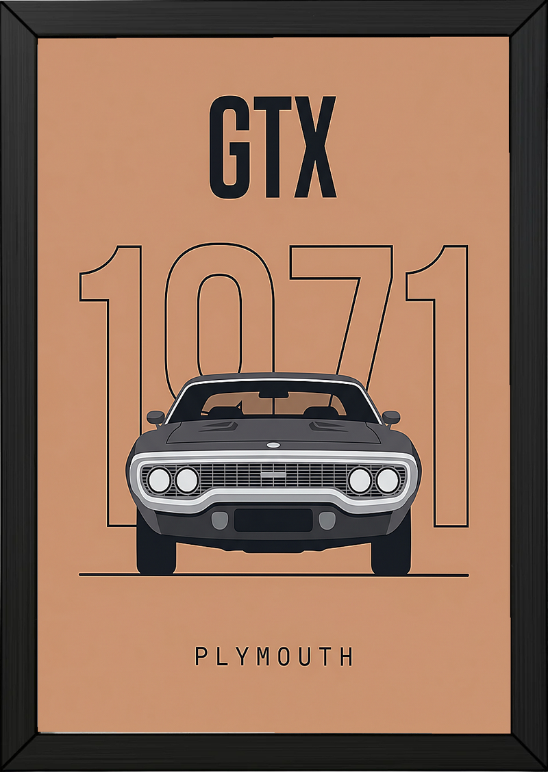 Plymouth GTX 1971 Minimalist Poster — Peach B-Body Muscle Line Art