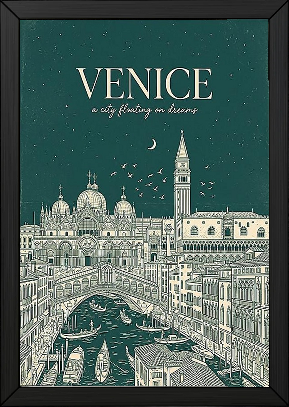 Venice Line Art Print — Forest Green St. Mark's Basilica Rialto Bridge Wall Art
