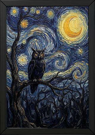 Wise Owl Starry Night Print — Van Gogh-Style Mystical Forest Wall Art