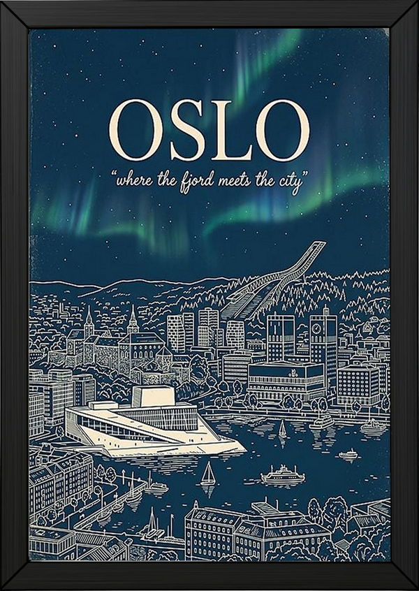 Oslo Line Art Print — Navy Opera House Fjord Aurora Borealis Skyline Wall Art