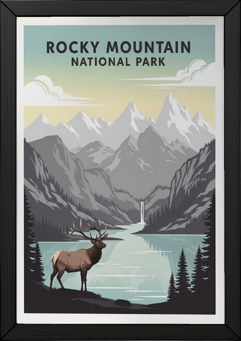 Rocky Mountain National Park Poster — Vintage Colorado Elk Alpine Lake Print