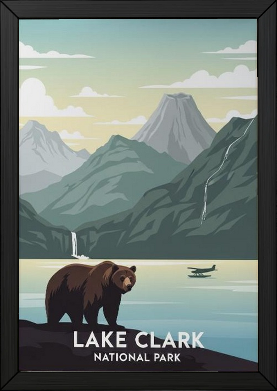 Lake Clark National Park Poster — Vintage Alaska Brown Bear Floatplane Print