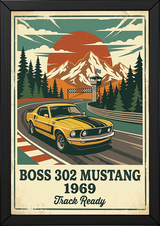 Boss 302 Mustang 1969 Poster — Vintage Muscle Car Race Track Print