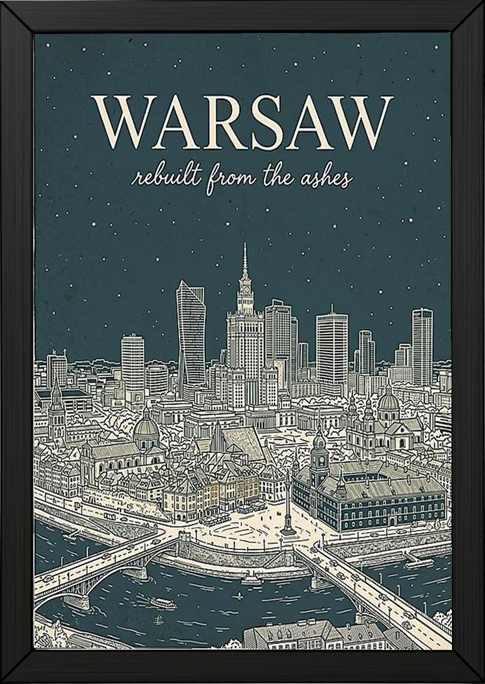 Warsaw Line Art Print — Slate Old Town Palace of Culture Skyline Wall Art