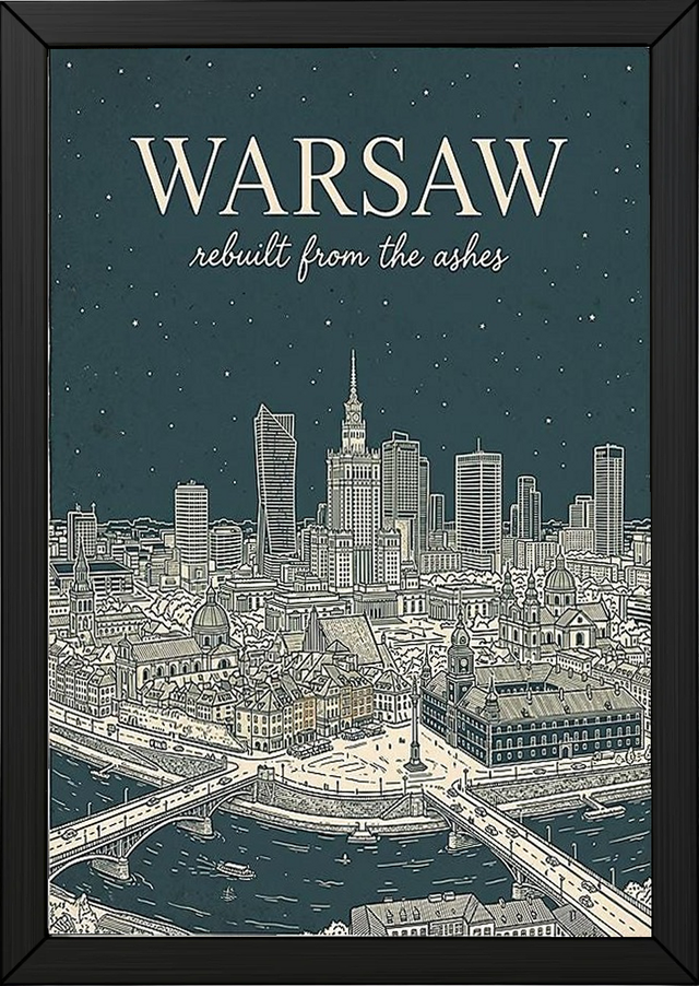 Warsaw Line Art Print — Slate Old Town Palace of Culture Skyline Wall Art
