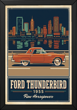 Ford Thunderbird 1955 Poster — Vintage Two-Seater Convertible City Skyline Print