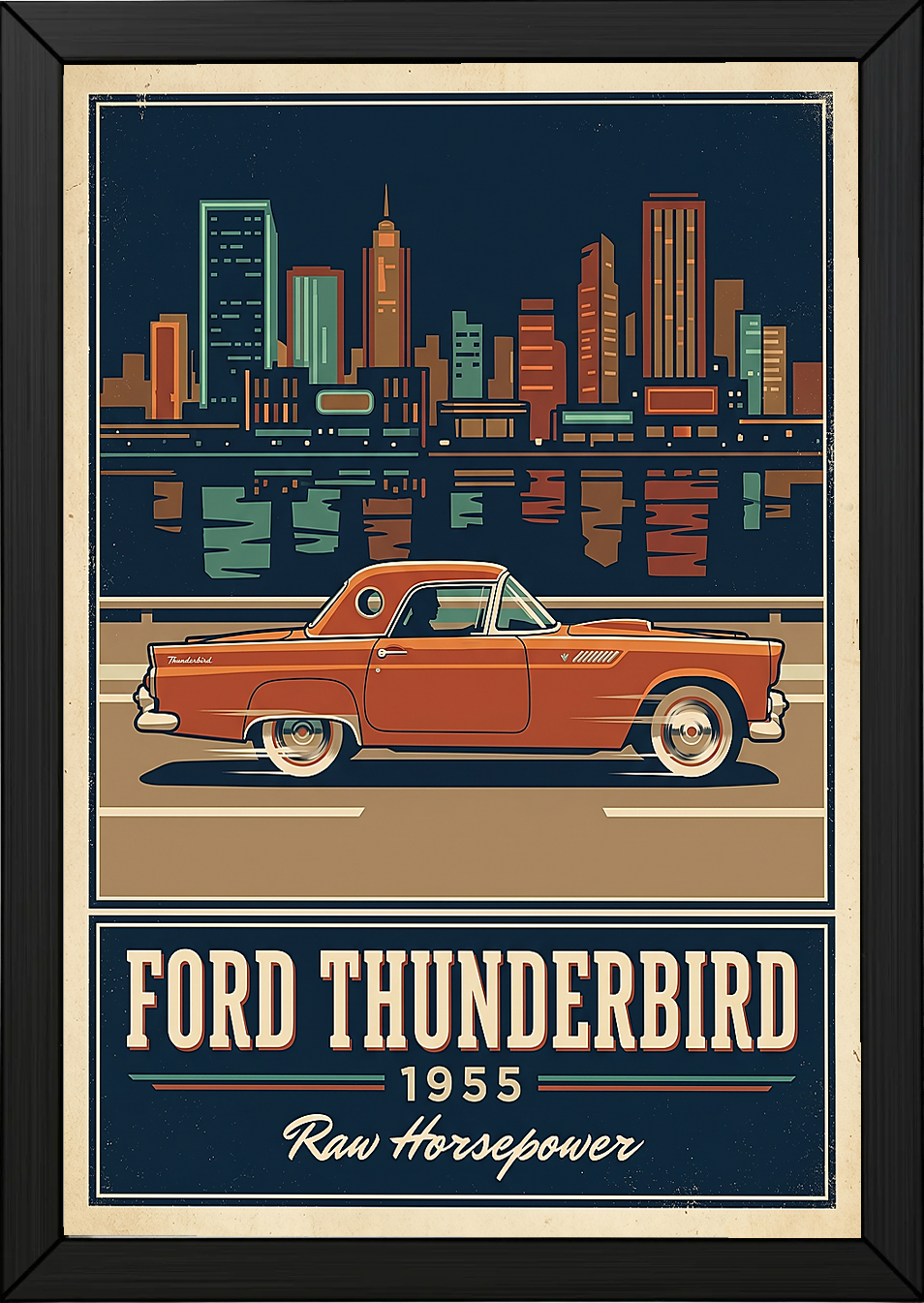 Ford Thunderbird 1955 Poster — Vintage Two-Seater Convertible City Skyline Print