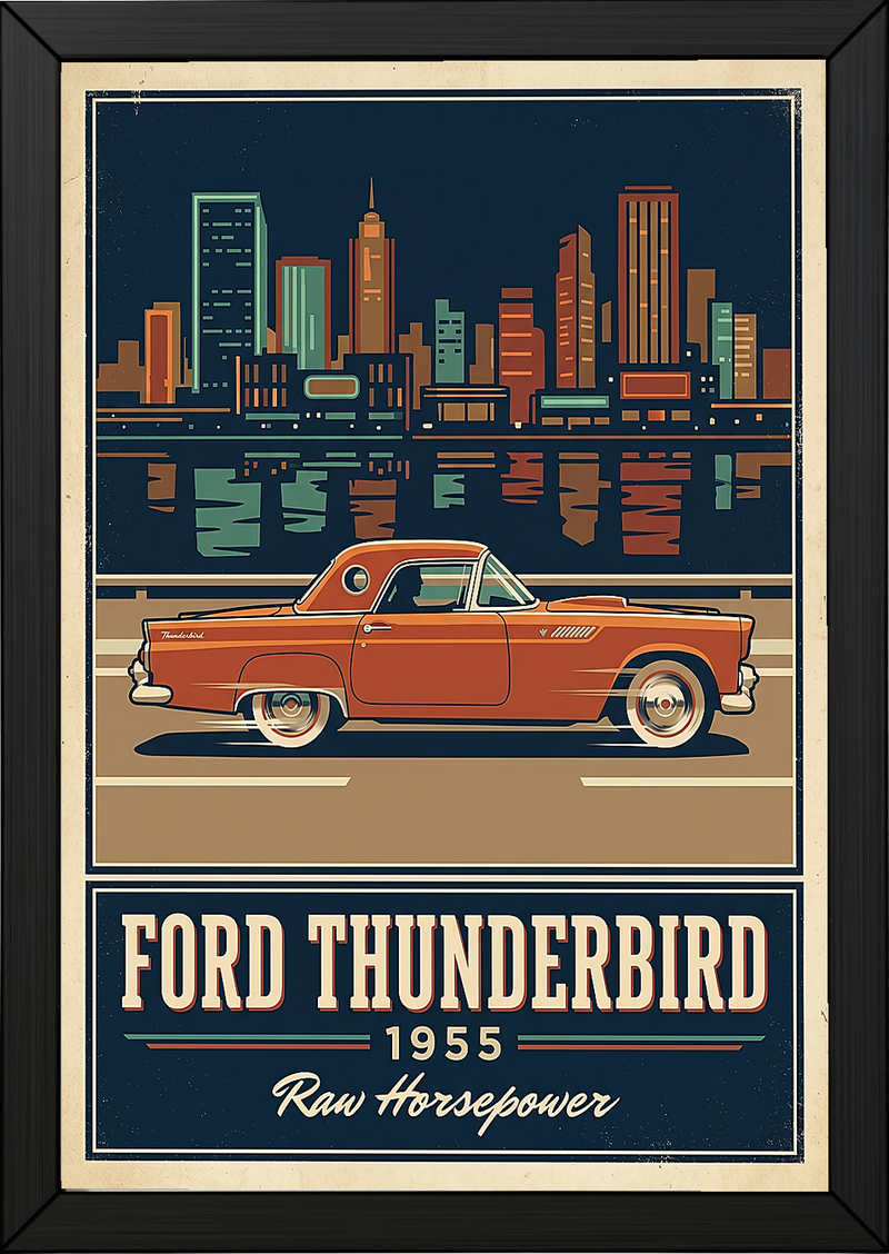 Ford Thunderbird 1955 Poster — Vintage Two-Seater Convertible City Skyline Print
