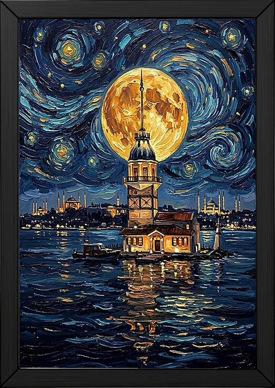Maiden Tower Istanbul Full Moon Print — Van Gogh-Style Skyline Wall Art