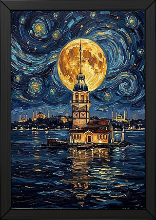 Maiden Tower Istanbul Full Moon Print — Van Gogh-Style Skyline Wall Art