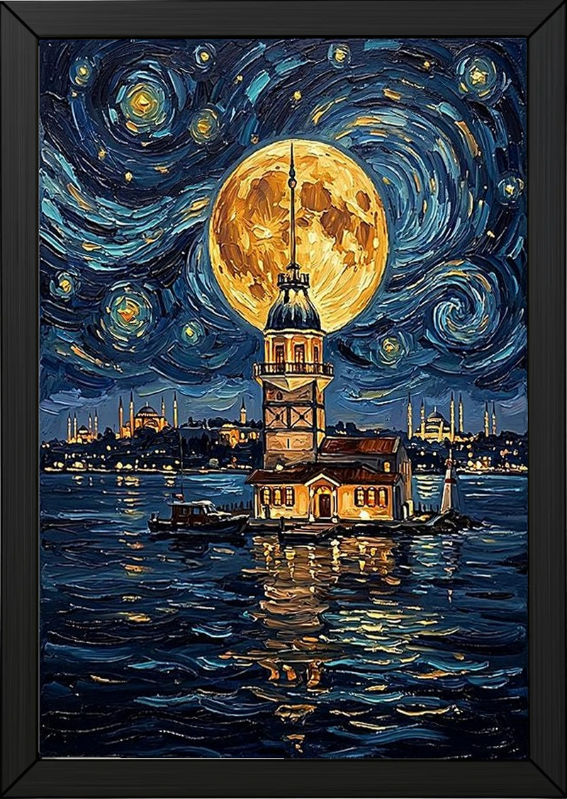 Maiden Tower Istanbul Full Moon Print — Van Gogh-Style Skyline Wall Art