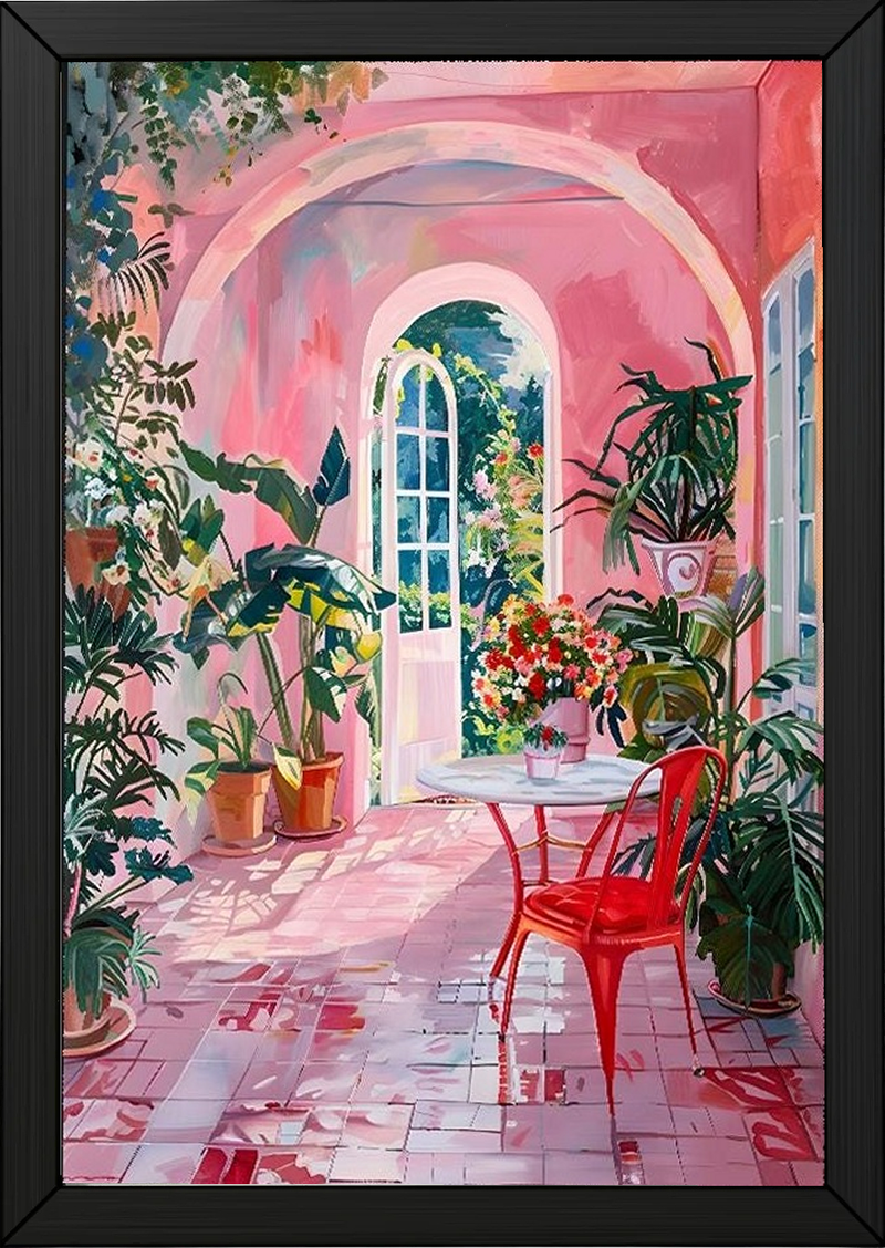 Pink Botanical Archway Painting — Lush Indoor Garden Conservatory Poster