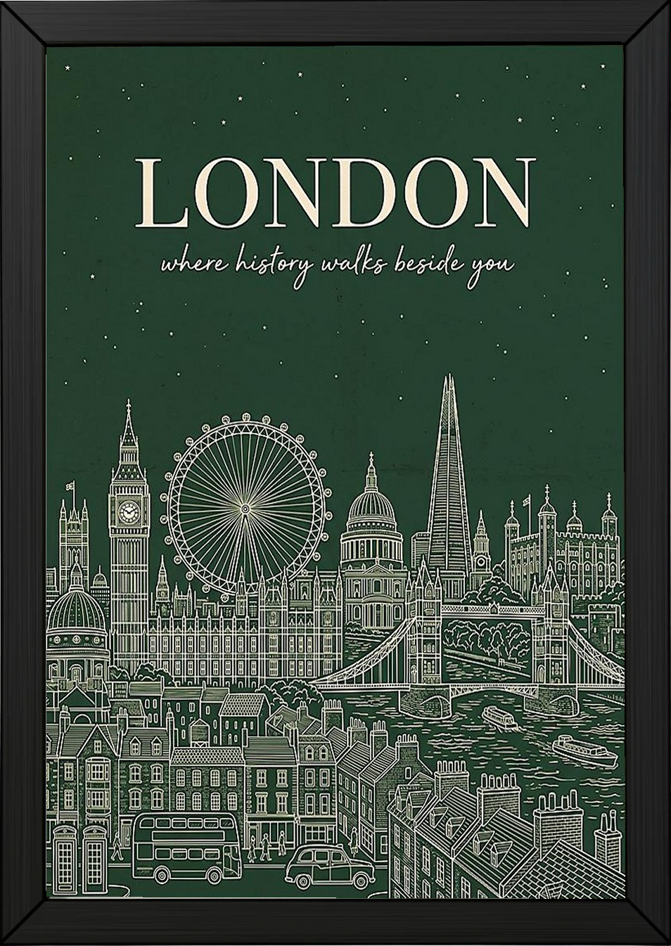 London Line Art Print — Forest Green Big Ben London Eye Skyline Wall Art