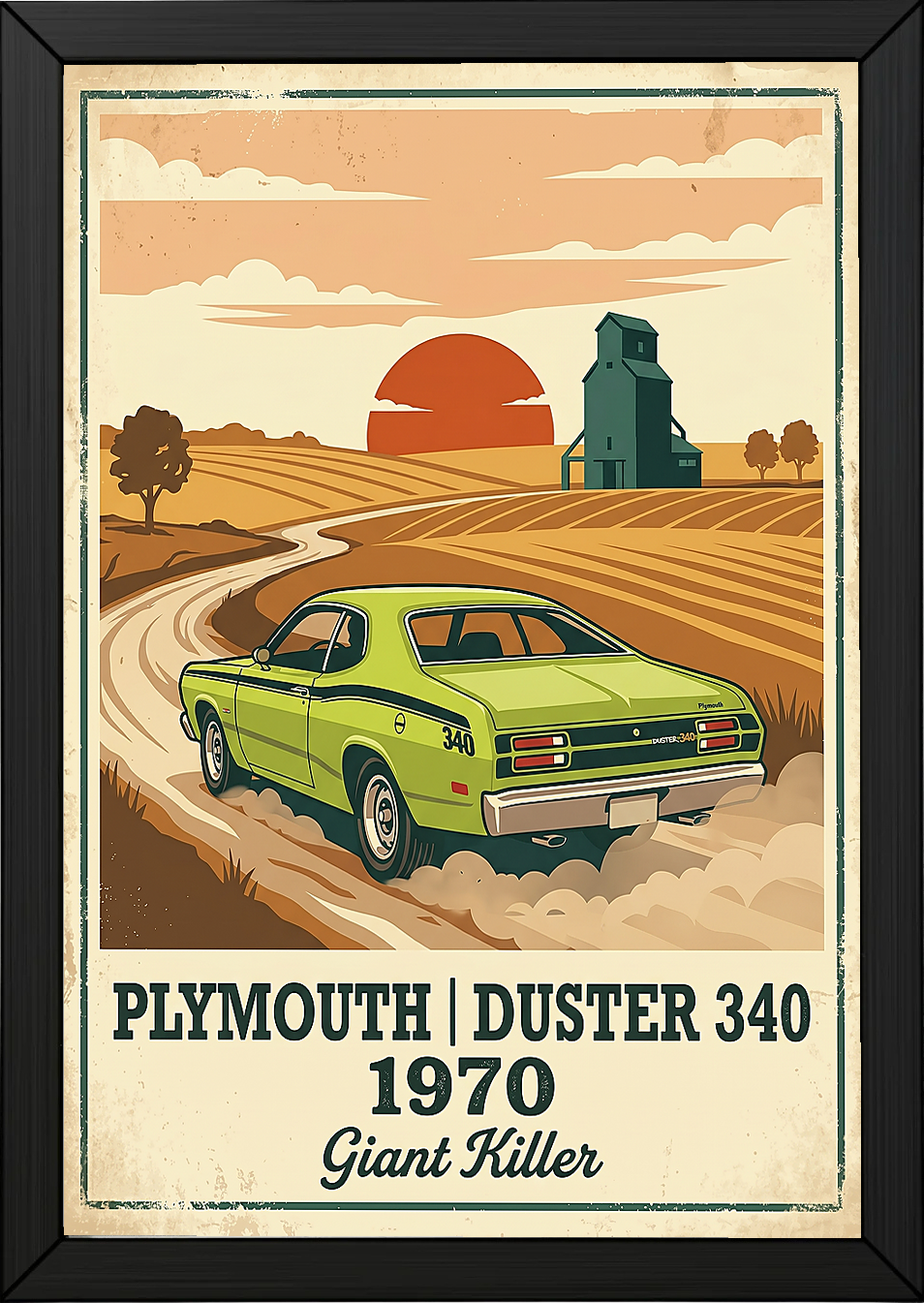 Plymouth Duster 340 1970 Poster — Vintage Muscle Car Country Wheat Print