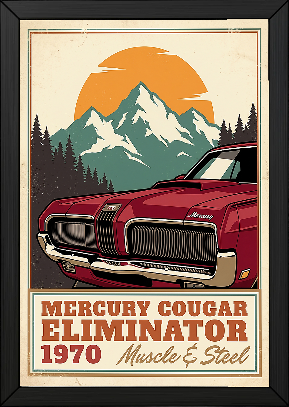 Mercury Cougar Eliminator 1970 V3 Poster — Vintage Muscle Front Grille Mountain Print