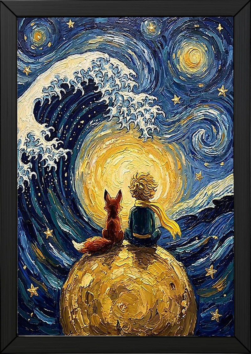 Little Prince Fox &amp; Planet Print — Van Gogh-Style Nursery Wall Art
