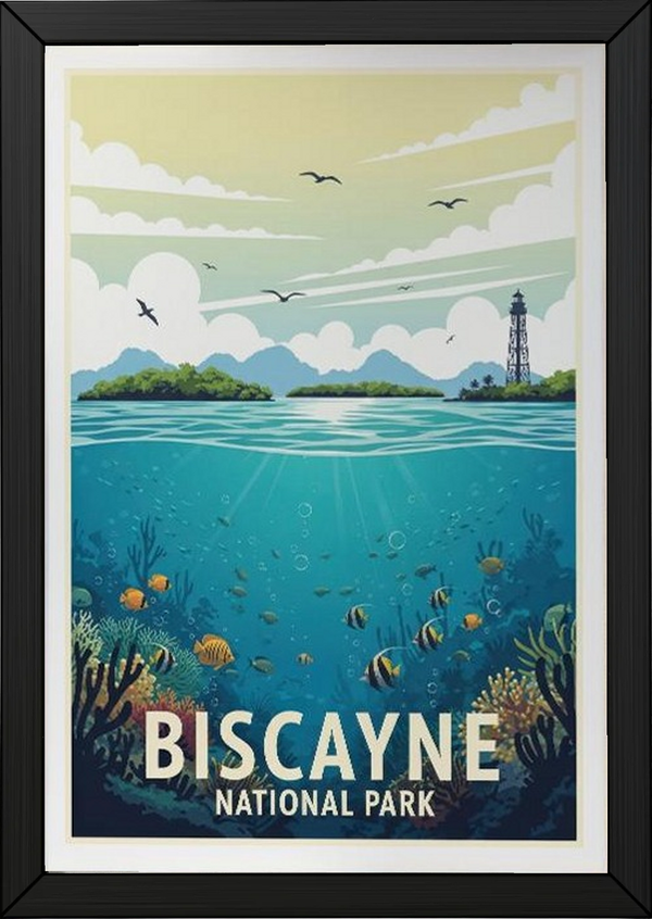 Biscayne National Park Poster — Vintage Florida Coral Reef Lighthouse Print