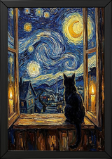 Black Cat Window Print — Van Gogh Starry Night Cozy Cottage Wall Art
