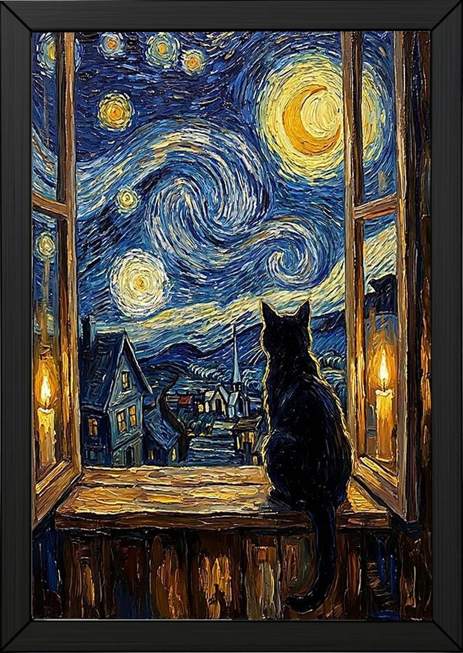 Black Cat Window Print — Van Gogh Starry Night Cozy Cottage Wall Art