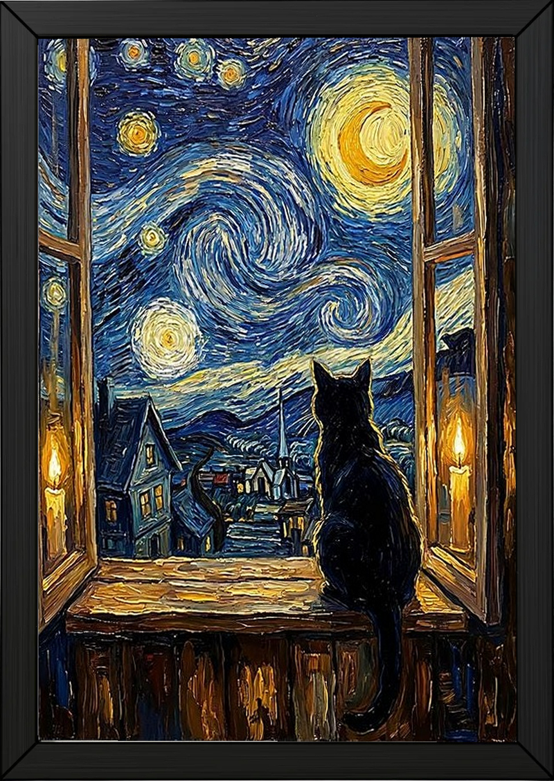 Black Cat Window Print — Van Gogh Starry Night Cozy Cottage Wall Art