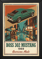 Boss 302 Mustang 1969 V2 Poster — Vintage Muscle Rainy Cinema Street Print