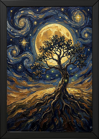 Tree of Life Full Moon Print — Van Gogh-Style Mystical Spiritual Wall Art