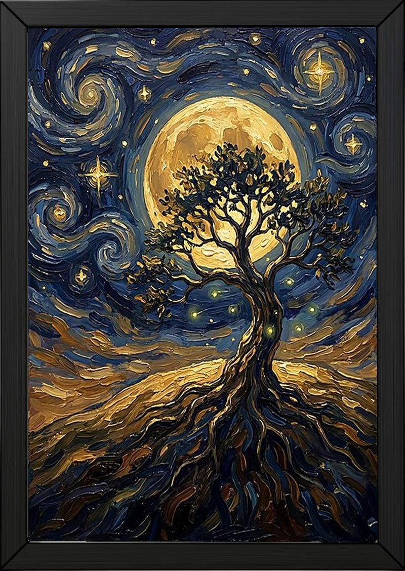 Tree of Life Full Moon Print — Van Gogh-Style Mystical Spiritual Wall Art