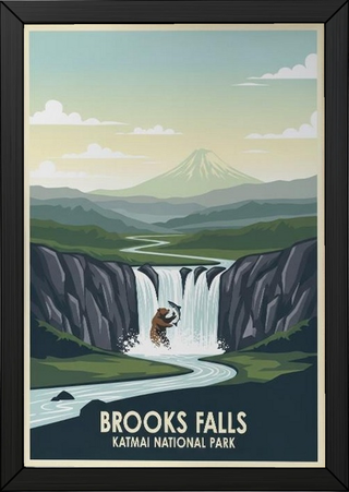 Katmai National Park Poster — Vintage Alaska Brooks Falls Brown Bear Salmon Print